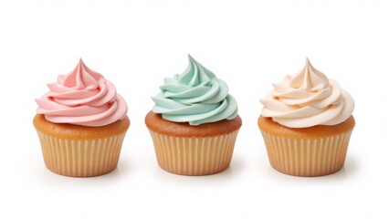Three frosted cupcakes with pastel icing isolated on a white background.