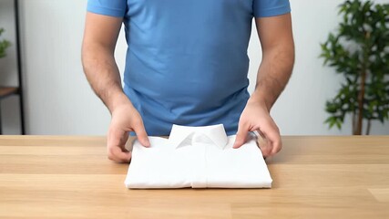 Man demonstrates how to fold a white polo shirt neatly for storage.