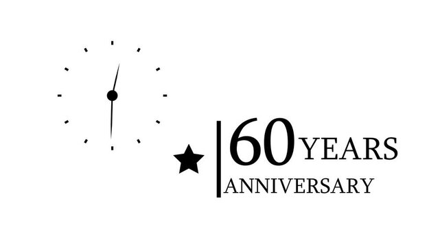 60 Years Anniversary Animation 4K Golden stars and clock symbol highlight 60 years celebration text. Perfect for birthday wishes, anniversary greetings, and transparent background videos.