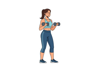 Ideal for fitness blogs, social media posts, gym advertisements. Shows a woman exercising with dumbbells, doing bicep curls. Energizing image.