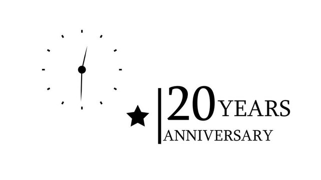 20Years Anniversary Animation 4K Golden stars and clock symbol highlight 20years celebration text. Perfect for birthday wishes, anniversary greetings, and transparent background videos.