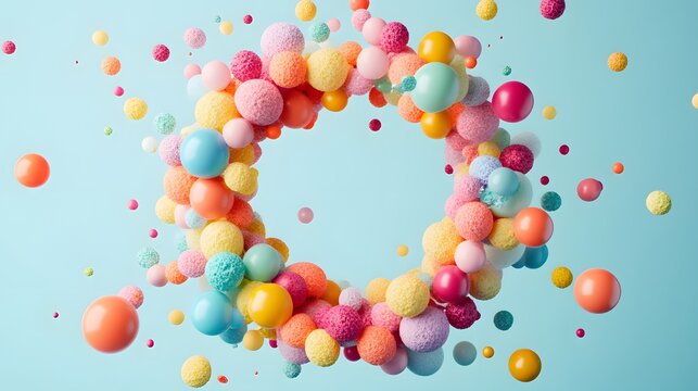An abstract of colorful spheres and balls floating against a light blue background creates a soft design.
