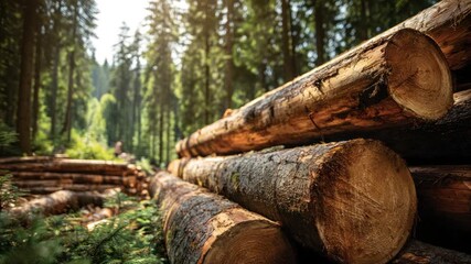 Stacked logs in a sunlit forest - Powered by Adobe
