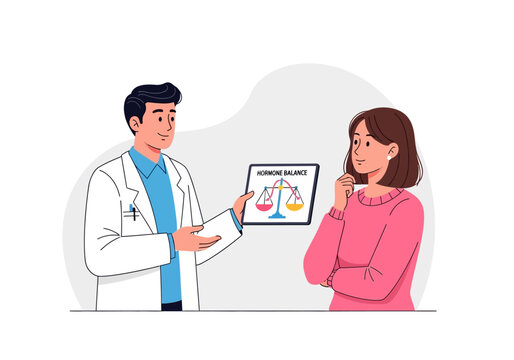 Female patient learns about hormone balance from doctor using scale image. Suitable for medical, healthcare, education, and lifestyle content.