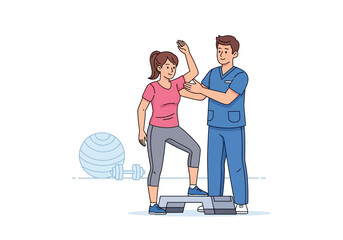 Therapist guiding woman on stepper for physical therapy. Suitable for healthcare, rehabilitation, exercise, medical concepts in media and design.