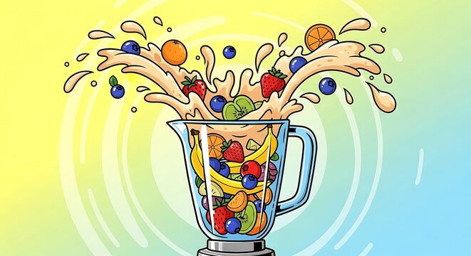 Colorful fruit smoothie exploding from a blender, healthy drink concept.