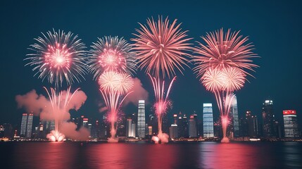 Vibrant fireworks display city skyline night illustration images