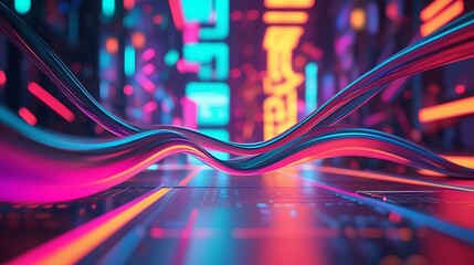 Vibrant neon cityscape flowing light trails HD images