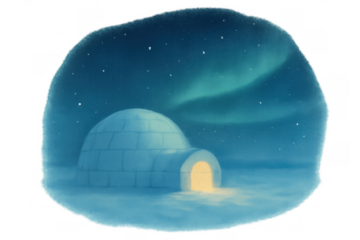 Igloo home illuminating winter night scene with aurora borealis and stars, transparent background