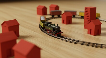 Whimsical Toy Train Circling Miniature Village in Cozy Indoor Scene