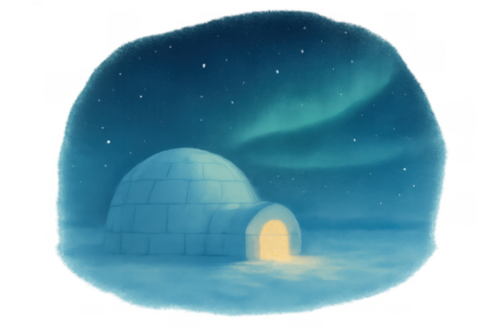 Igloo home illuminating winter night scene with aurora borealis and stars, transparent background - Powered by Adobe