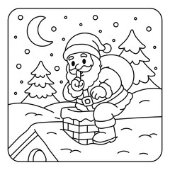 Santa Claus on the Roof at Night – Christmas Coloring Page for Kids