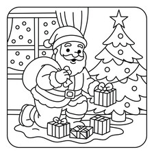 Santa Placing Gifts Under Christmas Tree – Holiday Coloring Page for Kids