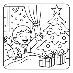 Happy Boy on Christmas Morning – Cartoon Holiday Coloring Page for Kids