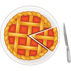 Top View Of A Delicious Apple Pie With A Slice Removed Sitting On A White Plate With A Knife Beside 