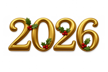 Golden 2026 numbers decorated with festive holly leaves and red berries, marking a happy new year celebration on a transparent background