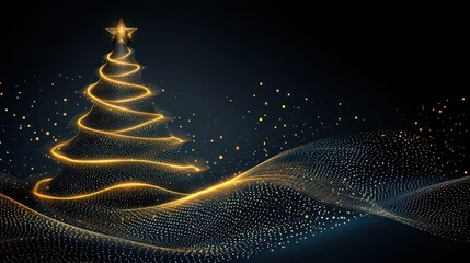 Abstract Christmas tree of golden light against a dark background. Possible use Digital greeting card, poster, or website banner