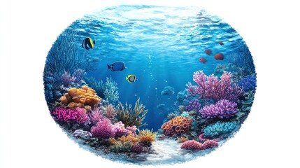 Underwater coral reef scene, vibrant marine life, peaceful ocean environment, digital art, ideal for nature and travel brochures, educational materials