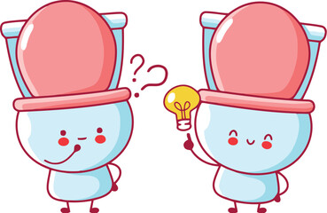 Funny cartoon toilet character thinking, then getting a brilliant idea with lightbulb moment, perfect for sanitation, hygiene, or cleaning product marketing