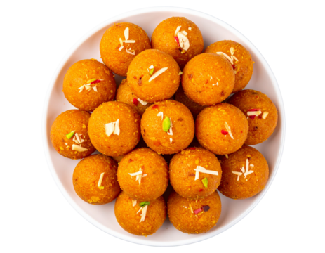 plate of Indian ladoo sweets top view isolated on white and transparent, background