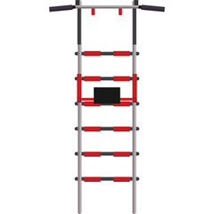 Top view of a black and red pull up bar with multiple handles and a grey frame against a white background isolated.