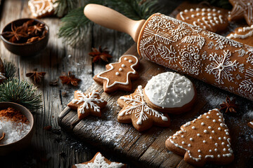 Christmas baking background. Gingerbread cookies, rolling pin and fir tree top view. Homemade sweet pastries for winter holidays.