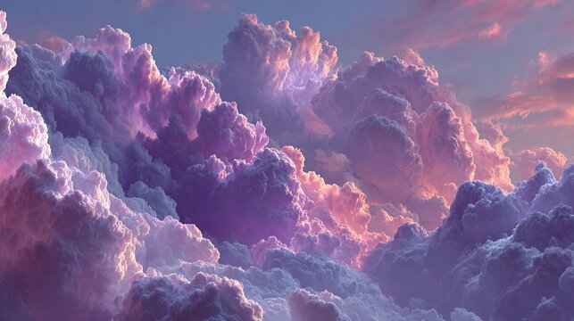 Fluffy clouds in pink purple and white hues fill the sky. - Powered by Adobe