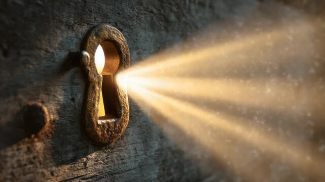 Sunlight streams through an aged keyhole in weathered wood