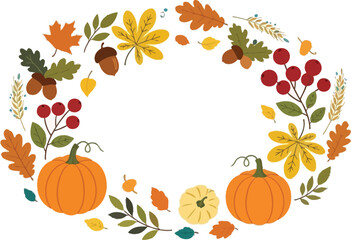 Vibrant autumn wreath with pumpkins, acorns, and colorful leaves perfect for fall harvest celebrations and seasonal designs