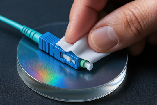 Fiber optic technology cleaning with wipe on connector end for maintenance and improved signal transmission in communication systems