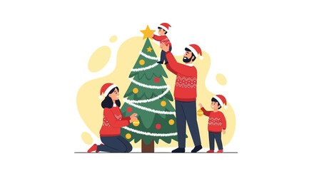 Joyful Moment: Little Kid Placing Star on Xmas Tree