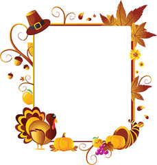 Charming Thanksgiving border design featuring a playful turkey, pumpkins, bountiful cornucopia, and festive autumn foliage for seasonal celebrations