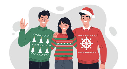 Three People Celebrating Christmas Holiday Vector Illustration