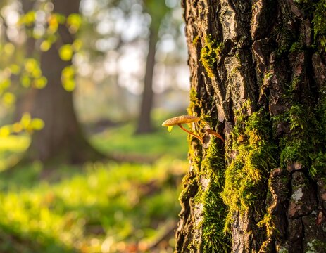 Tiny mushroom on tree trunk in forest - Powered by Adobe