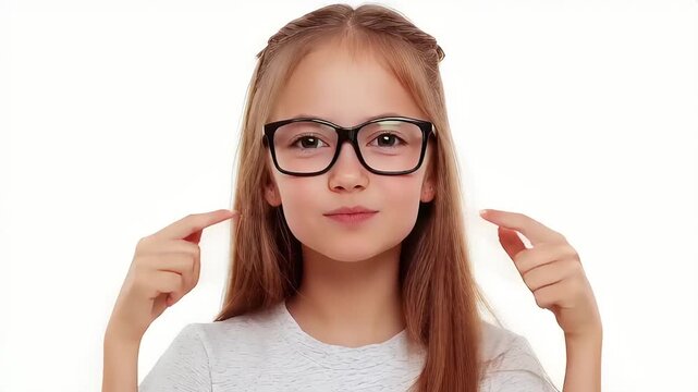 Young girl making funny face and pulling cheeks while wearing glasses