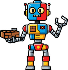 Colorful Robot Character Holding Bricks and Waving Hand.