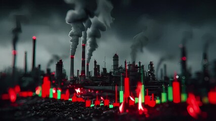 Industrial skyline with smoke and stock market trends - Powered by Adobe