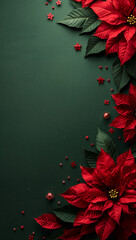 Obraz premium 緑の濃淡を薄く振り赤の面積配分を整えることで華やぎと落ち着きの均衡を図った実用寄りのクリスマス背景. 生成AI