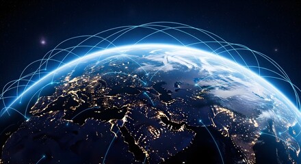 Showcasing the expansive digital infrastructure and interconnected global communication pathways across our planet, highlighting modern technological reach