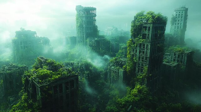 Abandoned city overgrown with lush greenery and fog