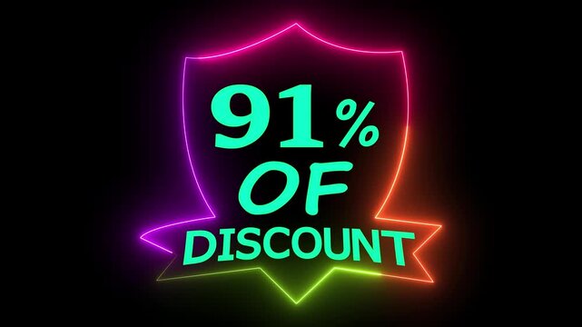 Ninety One Percent Discount Neon Sign Animation Glowing on Black Background Shopping Sale