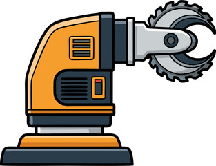 Powerful orange and black industrial cutting tool with sharp circular blade.