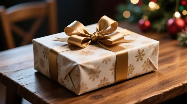 Gift giving celebration cozy living room holiday present warm atmosphere close-up view joyful surprises await