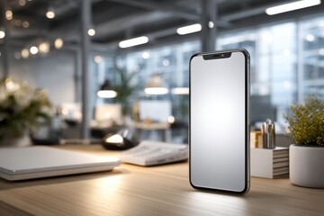 Showcasing a modern smartphone on a stylish office desk technology focus professional environment clean viewpoint