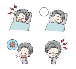 睡眠時無呼吸症候群の症状のイラストセット・高齢女性