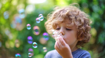 Child blowing bubbles in a lush garden outdoor fun vibrant atmosphere playful environment close-up view
