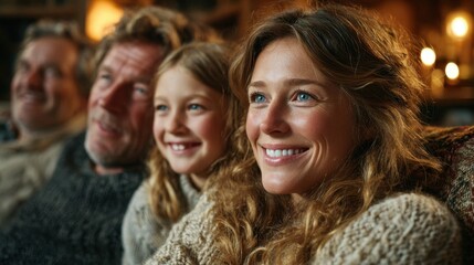 Family movie night cozy cabin digital media warm atmosphere close-up view togetherness and joy
