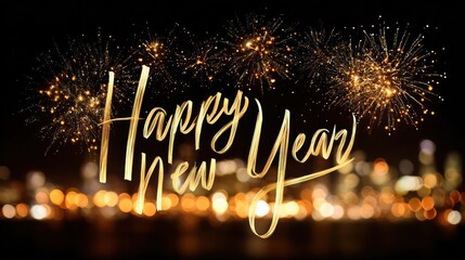 Golden happy new year text overlayed on a blurry cityscape with bright fireworks celebrating the upcoming festive holiday