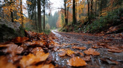 Autumn walk on leaf-covered path forest photography tranquil environment ground-level view nature's beauty