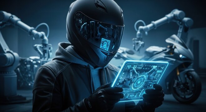 Futuristic motorcyclist in a high tech workshop using a holographic display for motorcycle design